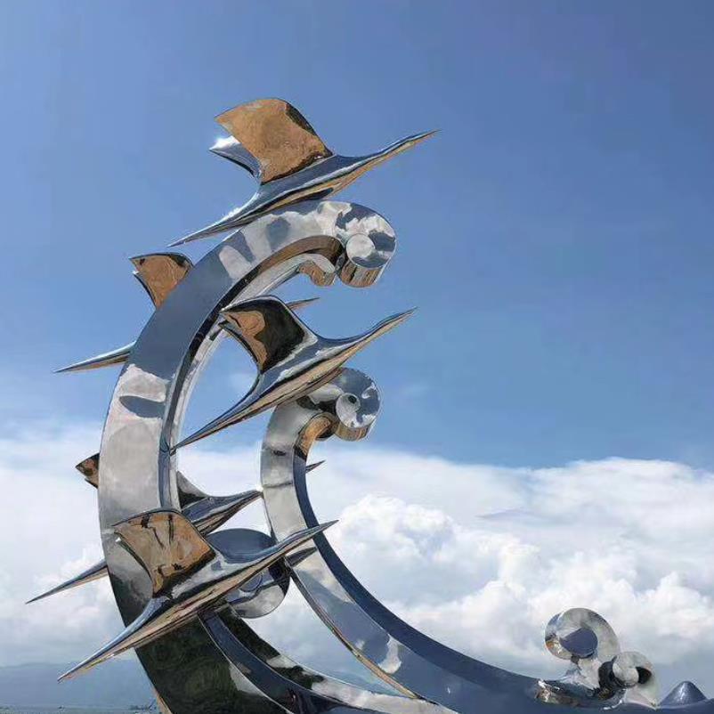 Large metal sculpture seagull chasing waves landscape park art decoration for sale