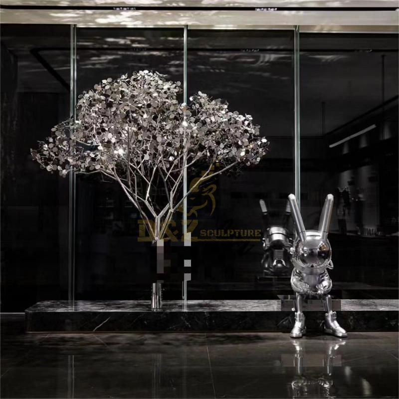 Metal tree and astronaut sculpture modern stainless steel art decoration DZ-171