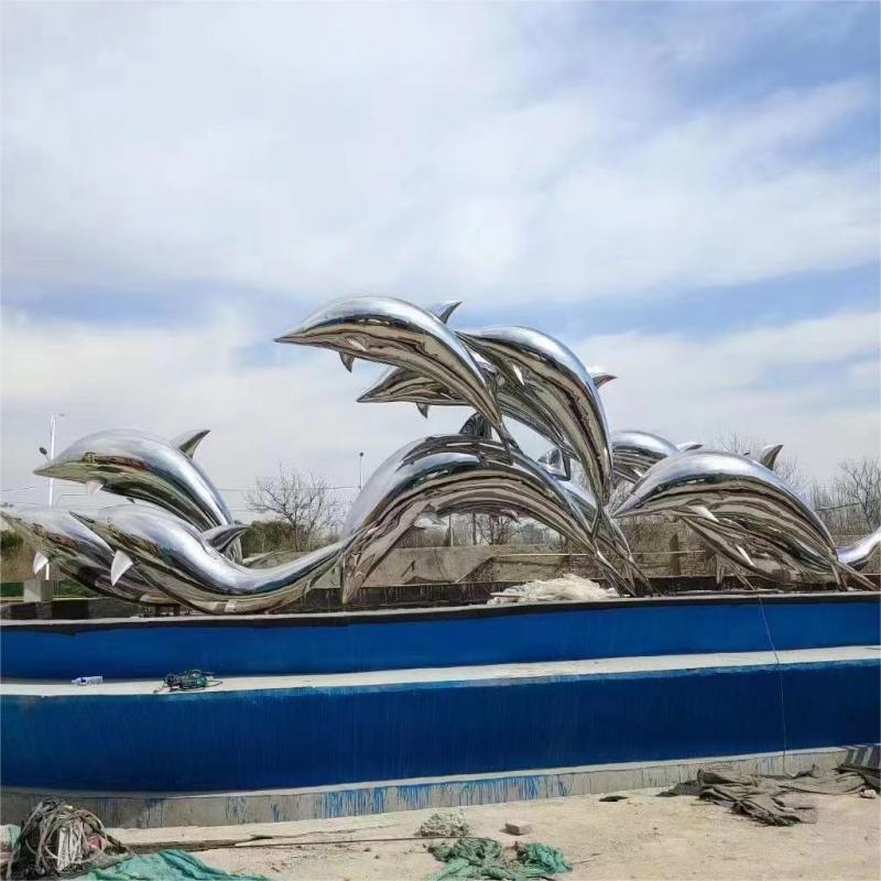 Large stainless steel dolphin metal sculpture urban square garden landscape sculpture