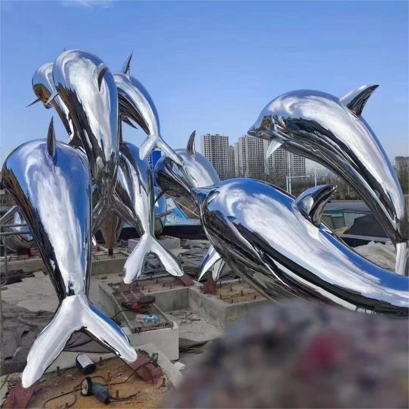 Large stainless steel dolphin metal sculpture urban square garden landscape sculpture