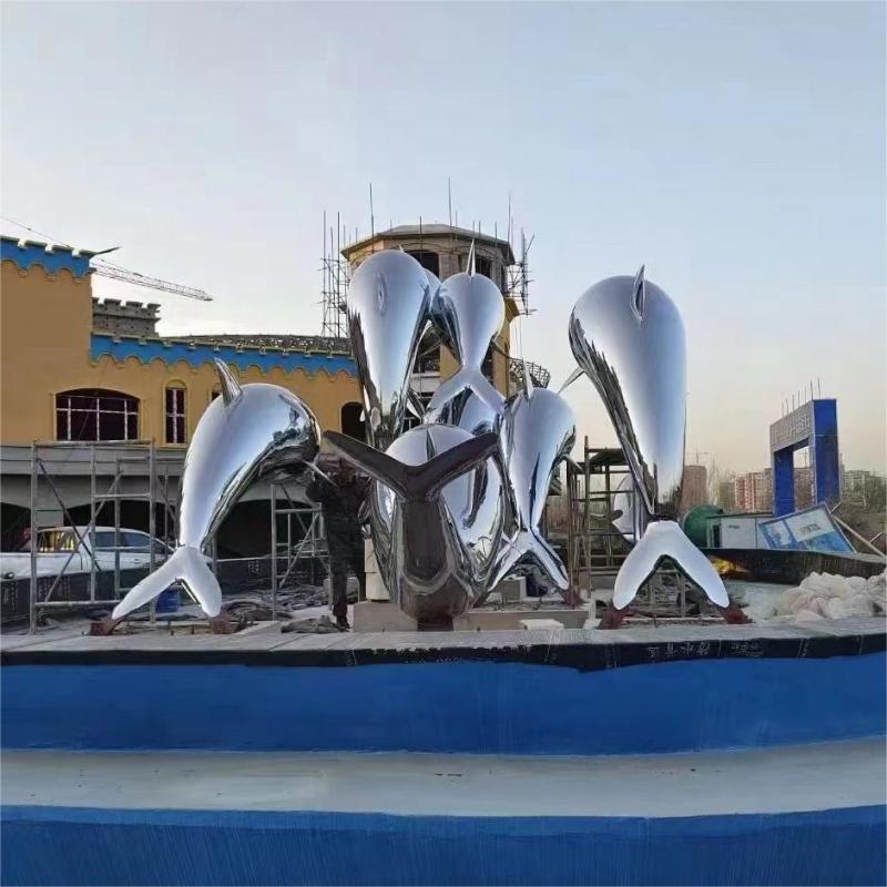 Large stainless steel dolphin metal sculpture urban square garden landscape sculpture