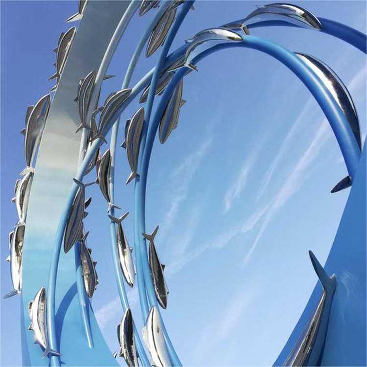 Giant silver fish embellished stainless steel metal circle sculpture Ocean Dream series custom