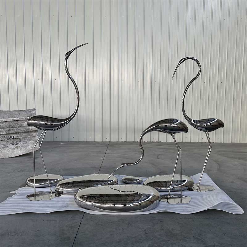 Metal flamingo and pebble art sculpture mirror stainless steel sculpture DZ-234