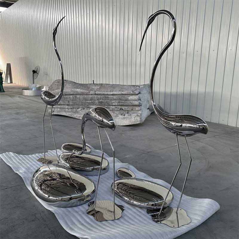 Metal flamingo and pebble art sculpture mirror stainless steel sculpture DZ-234