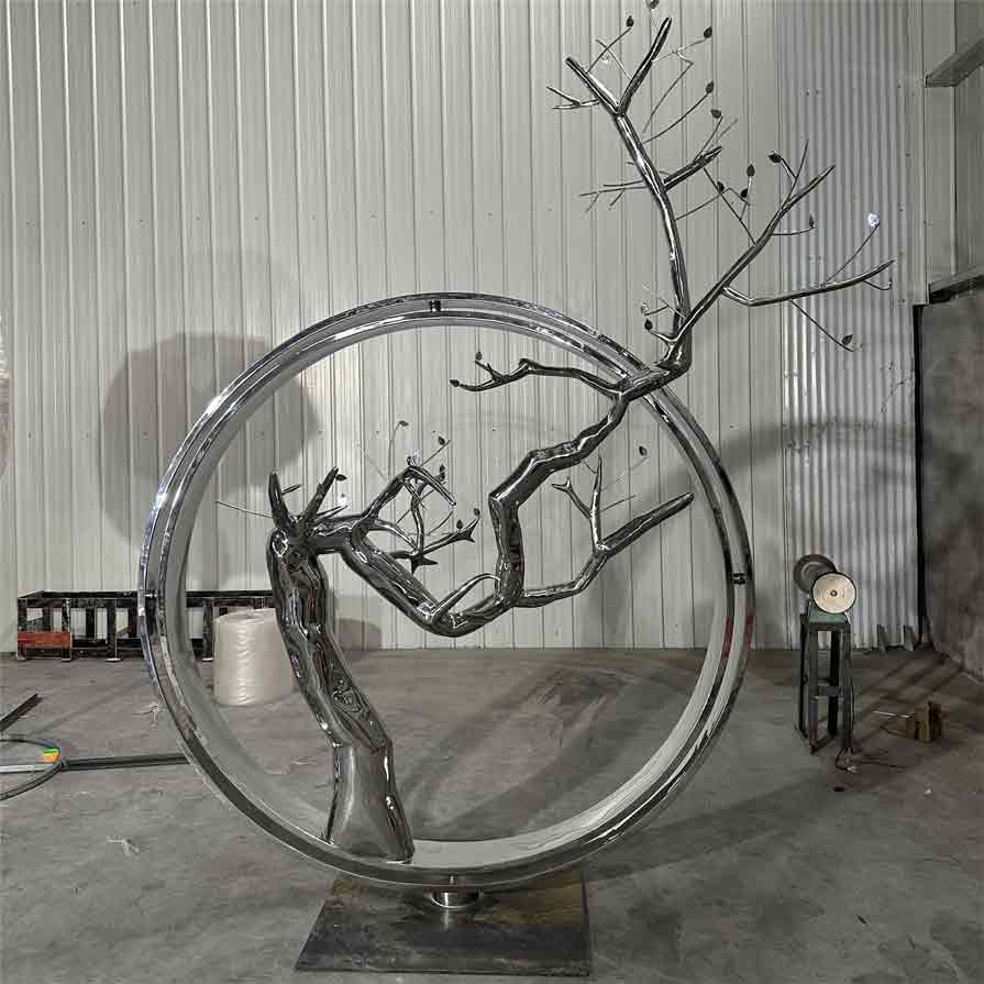Mirror stainless steel large metal art sculpture circle tree art sculpture for sale DZ-255