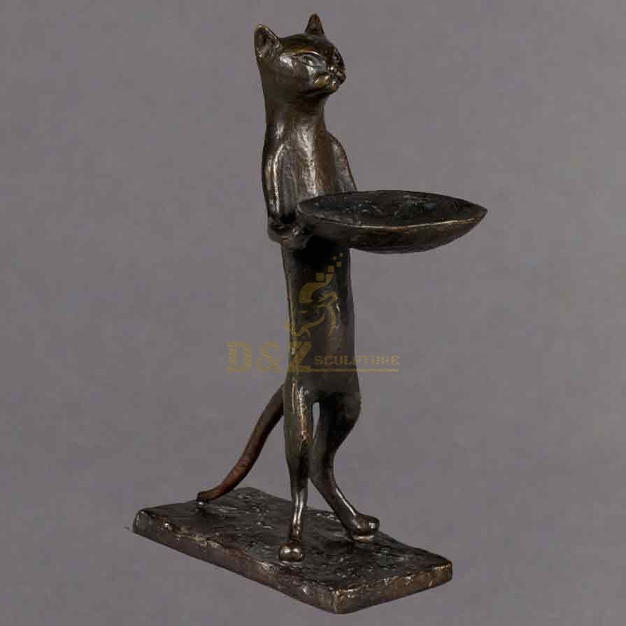bronze standing cat butler with tray statue