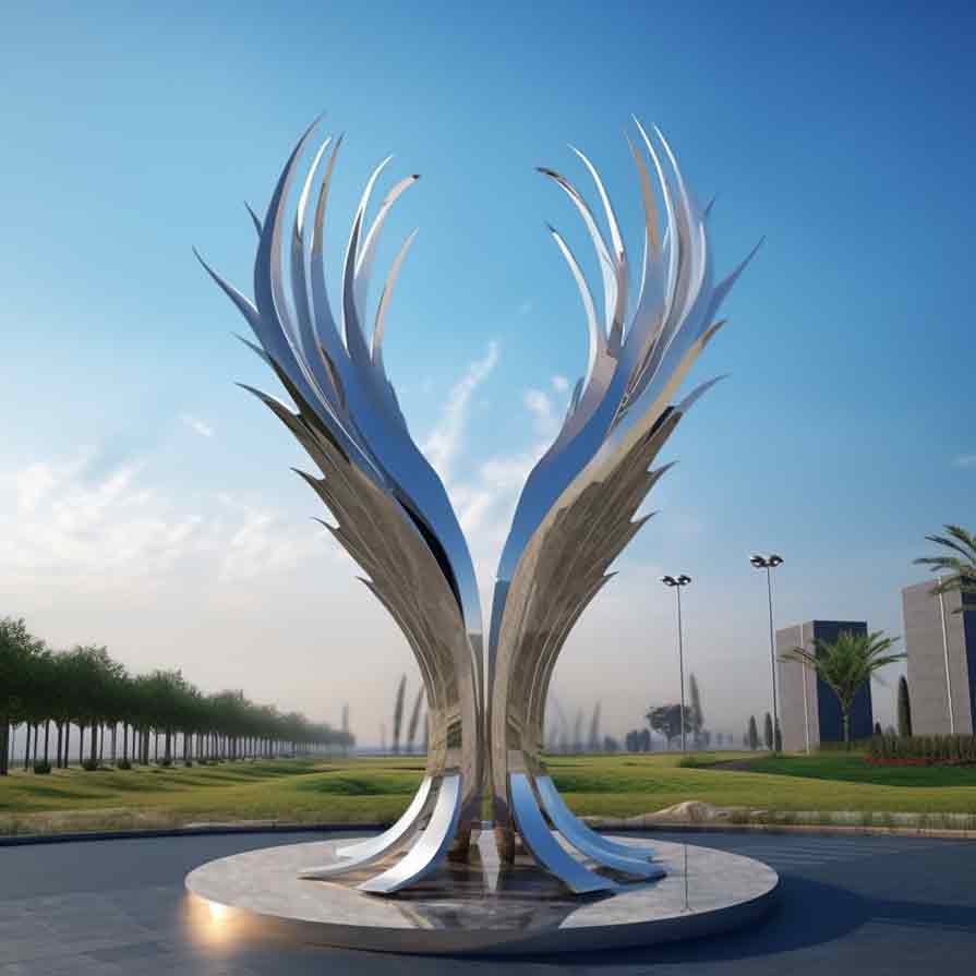 large outdoor mirror metal wings sculptures