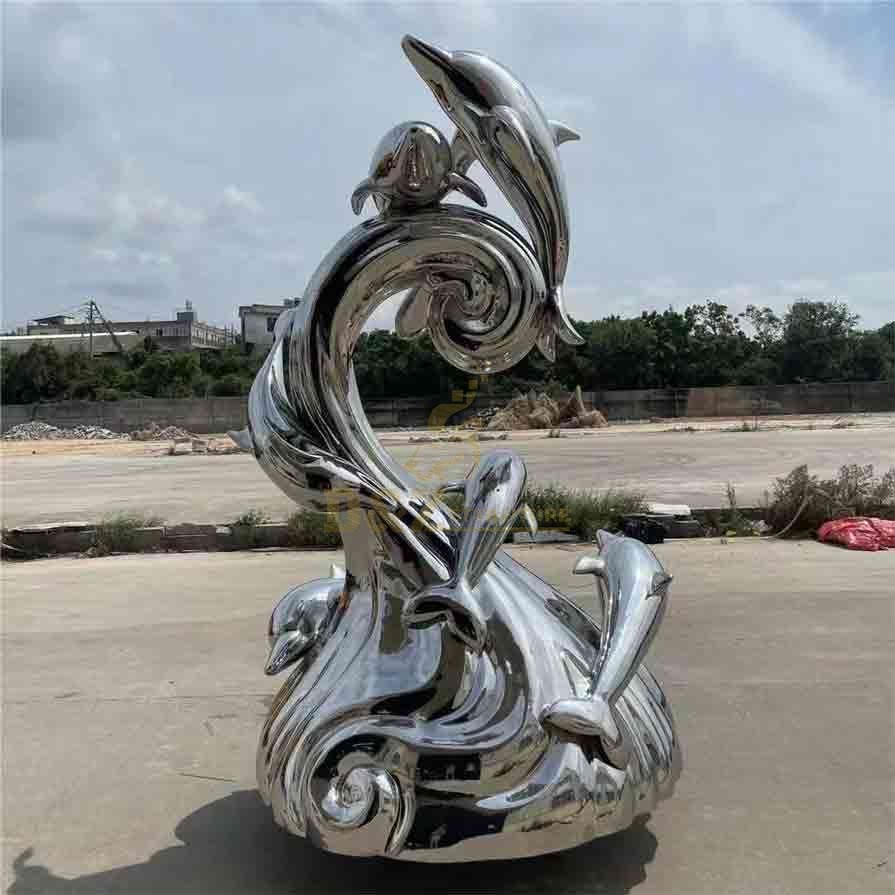 Stainless steel dolphin chasing waves metal art sculpture modern abstract design DZ-306