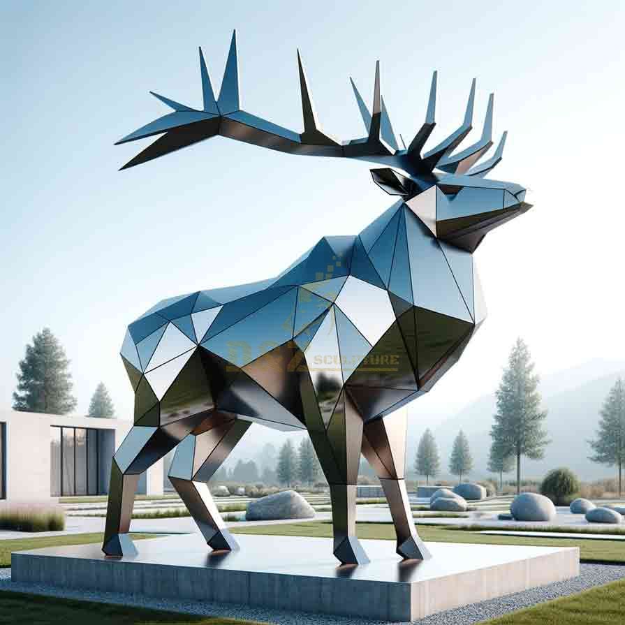 A modern large outdoor geometric abstract mirrored metal elk sculpture