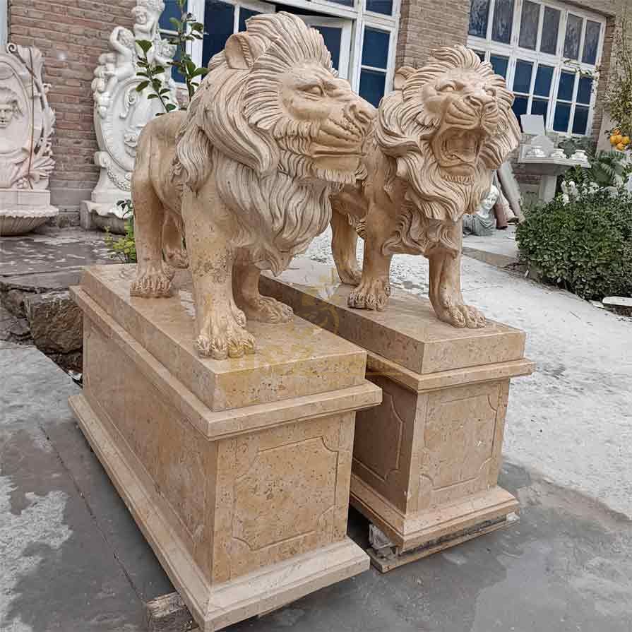 Pair of outdoor standing stone lion statues for sale guarding the entrance