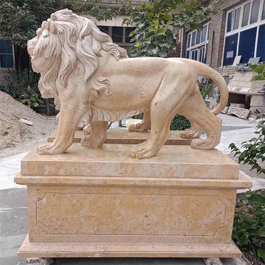 Pair of outdoor standing stone lion statues for sale guarding the entrance