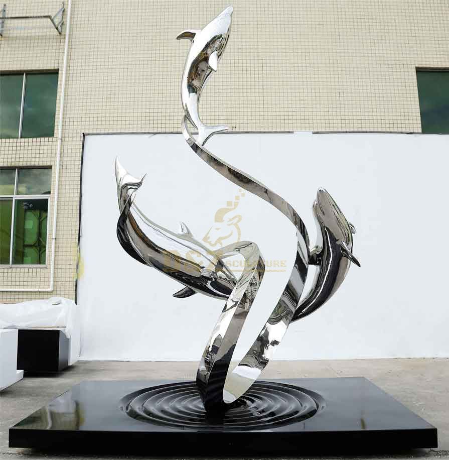 Outdoor abstract dolphin chasing waves metal sculpture DZ-335