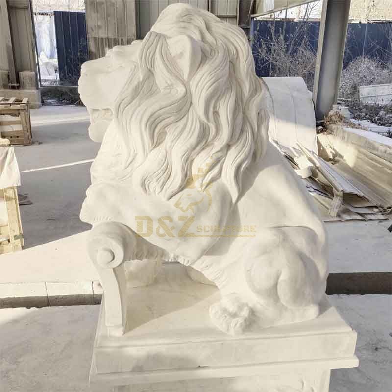 Outdoor white marble lion statue pair for sale, side view
