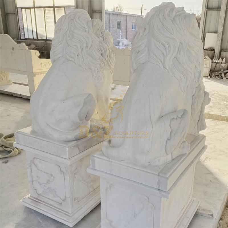 Pair of outdoor white marble lion statues for sale, back picture