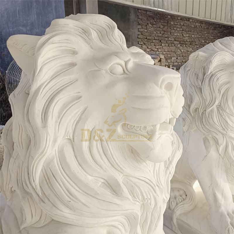 Pair of outdoor white marble lion statues for sale, detail pictures