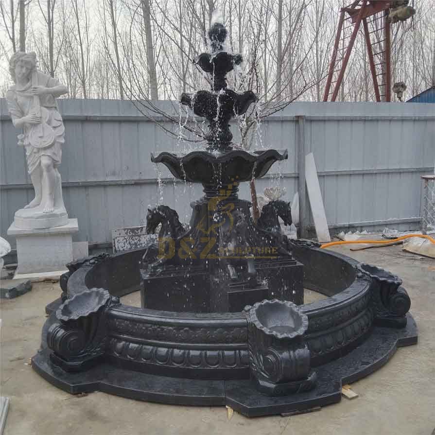 Outdoor black granite stone garden horse fountain sculpture for sale DZ-346