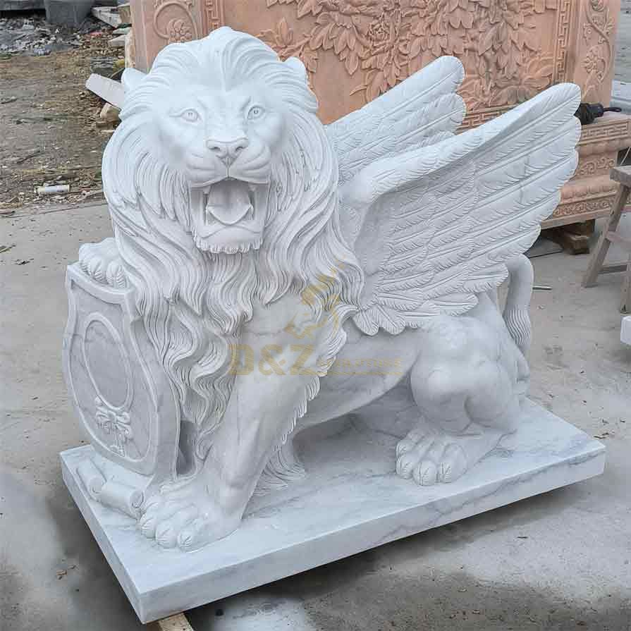 Outdoor white marble winged lion statue pair for sale DZ-358