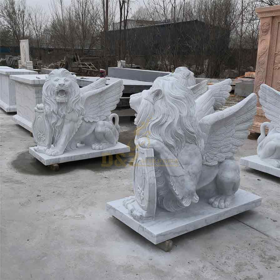 Outdoor white marble winged lion statue pair for sale DZ-358