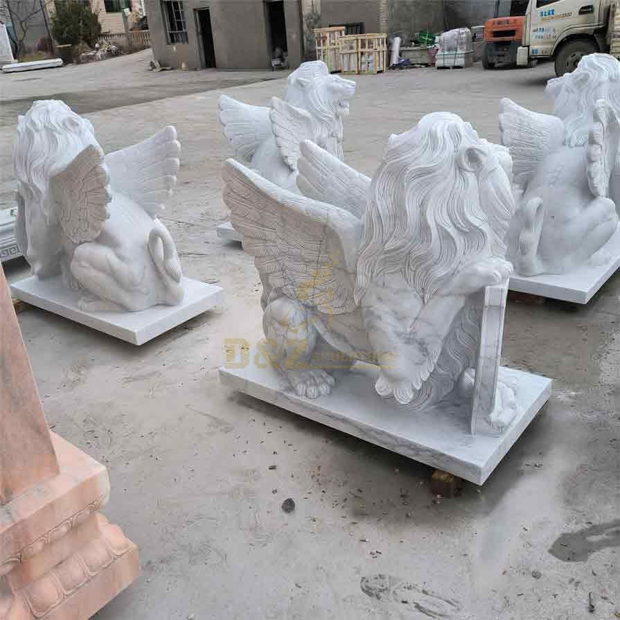 Outdoor white marble winged lion statue pair for sale DZ-358