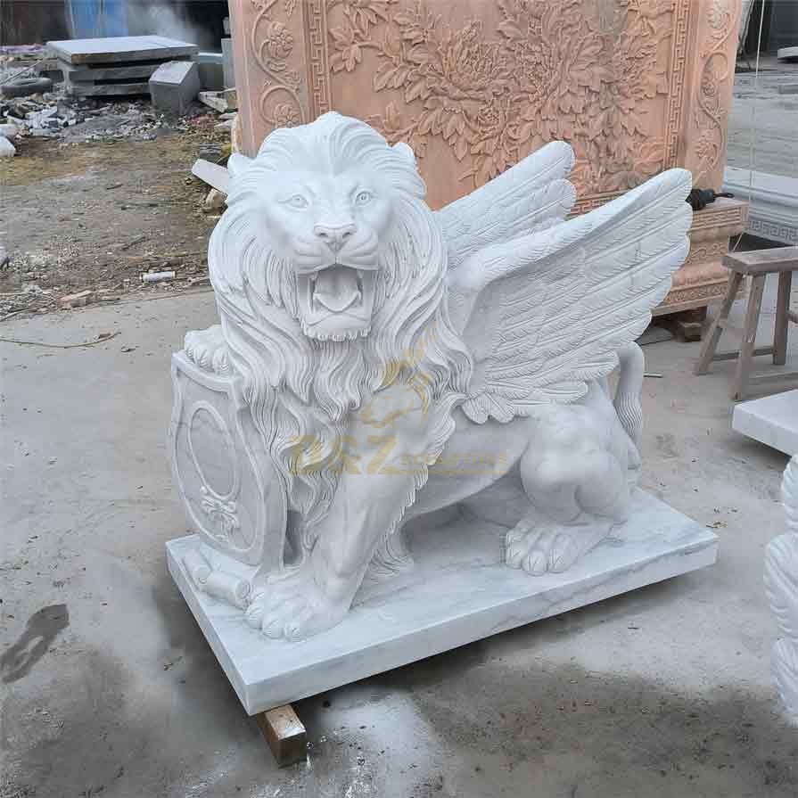 Outdoor white marble winged lion statue
