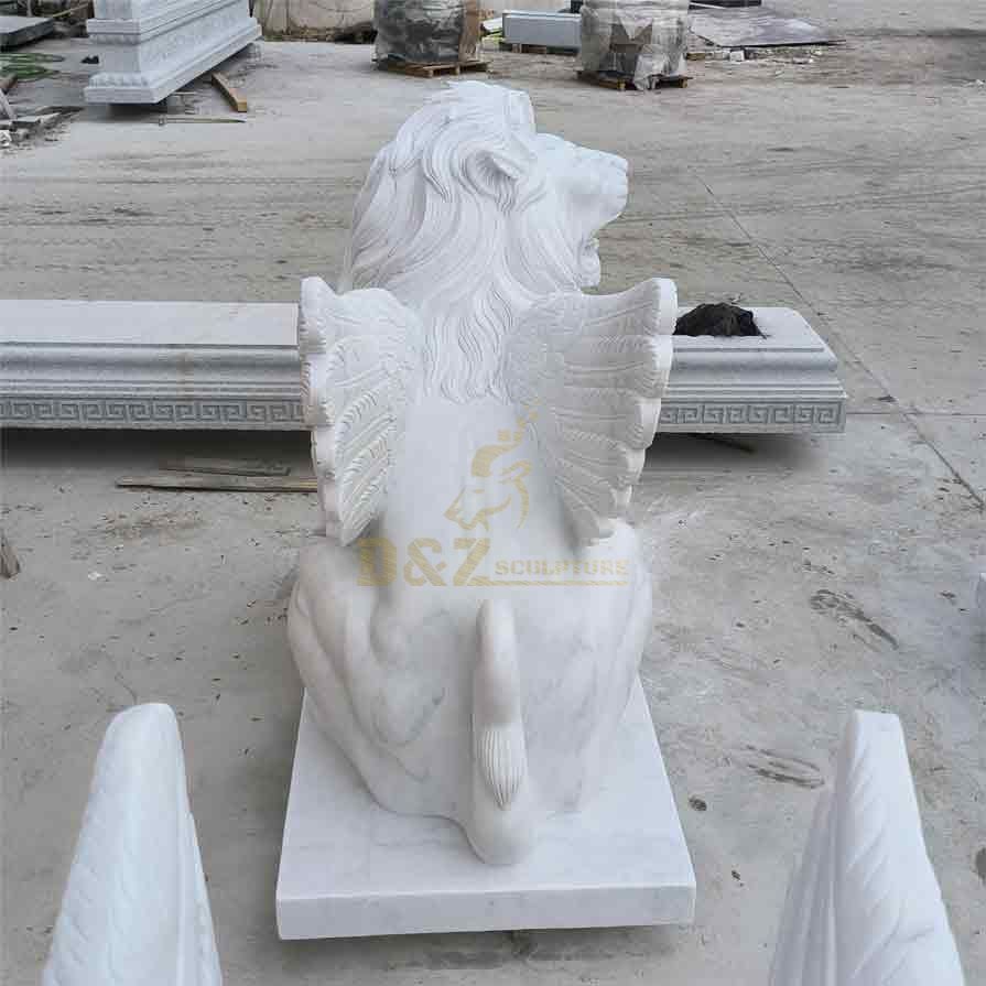 Outdoor white marble winged lion statue