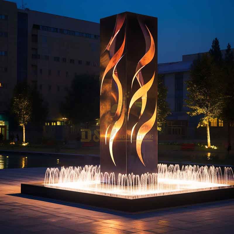 Large outdoor corten steel flame fountain sculpture, hollow design, built-in lighting DZ-364