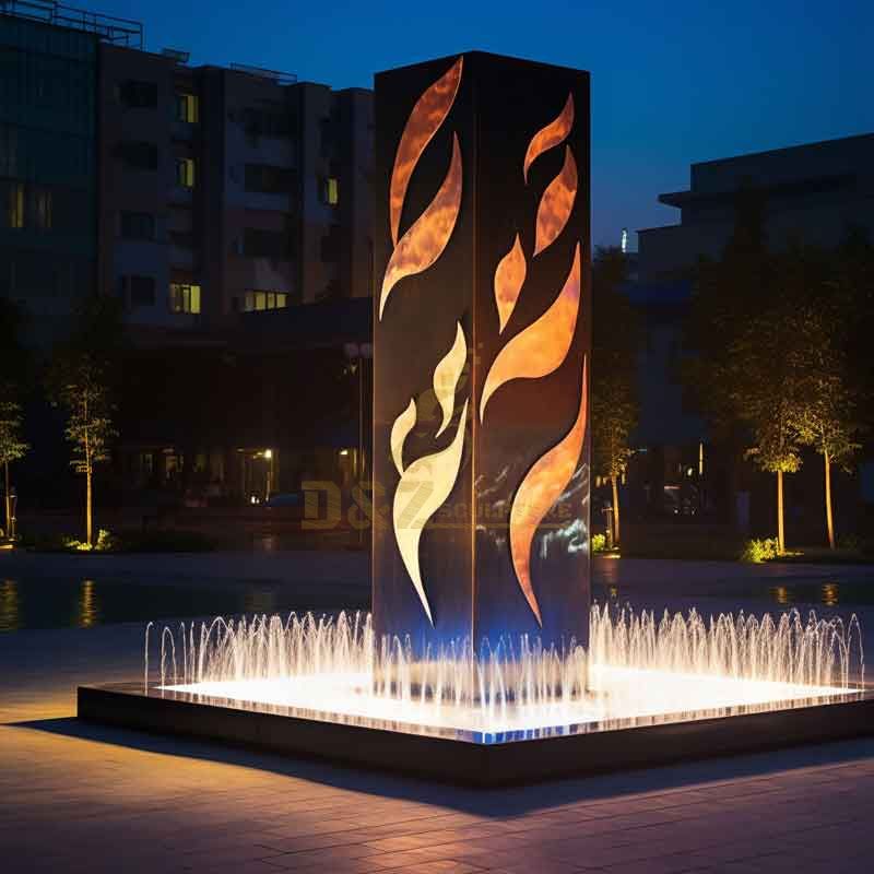 Large outdoor corten steel flame fountain sculpture, hollow design, built-in lighting DZ-364