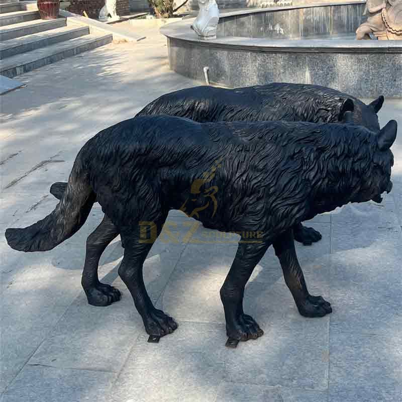 Pair of black outdoor life size bronze wolf statues for sale DZ-392