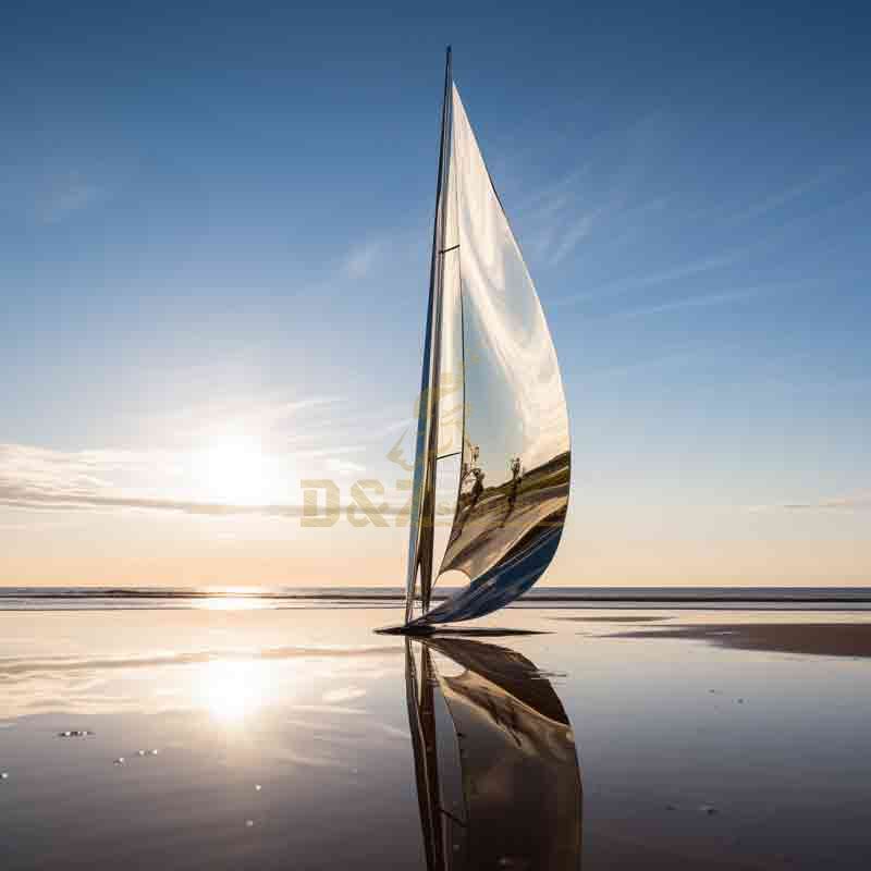 large stainless steel abstract outdoor sailboat sculpture