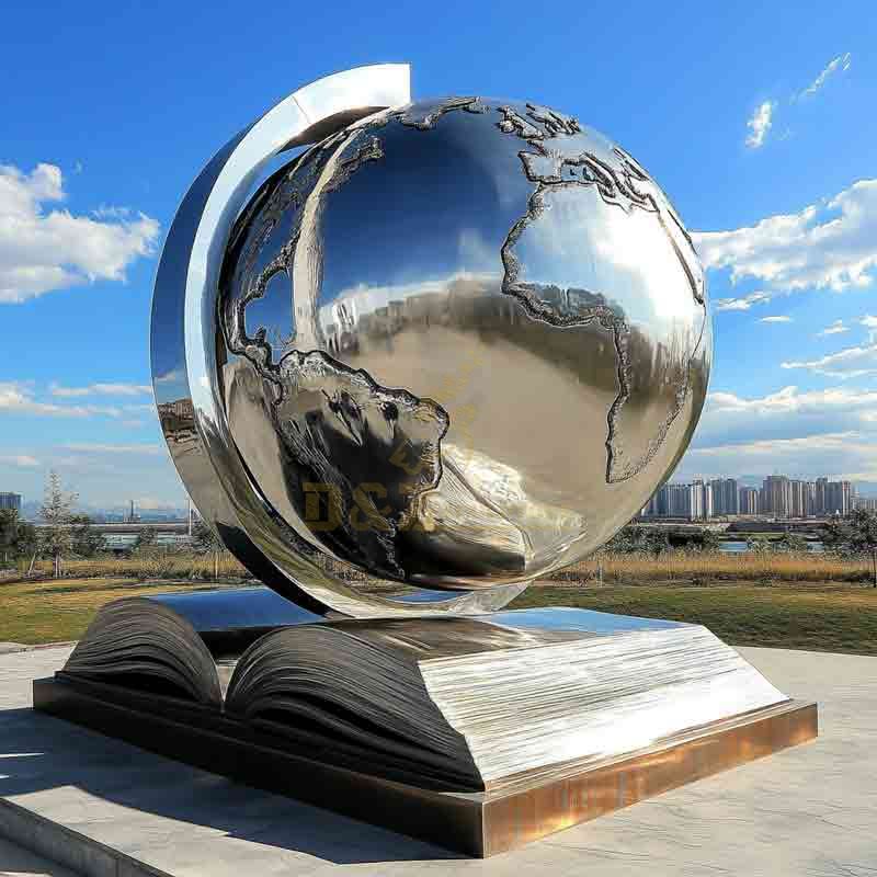 Large Metal Globe Sculpture with Book | Garden Sphere Sculpture DZ-825