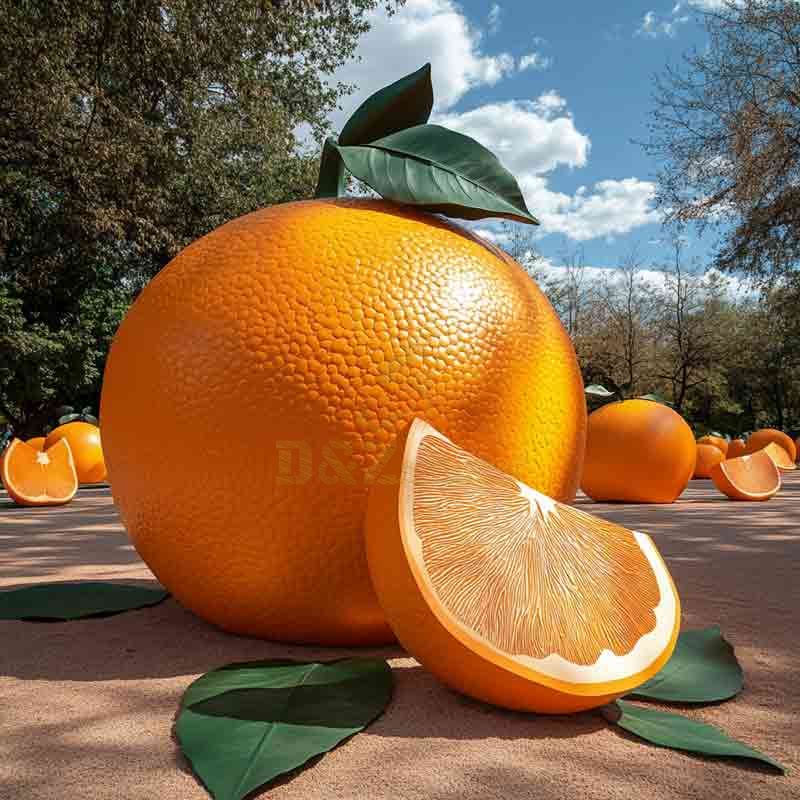 stainless steel orange sculpture, fruit sculpture