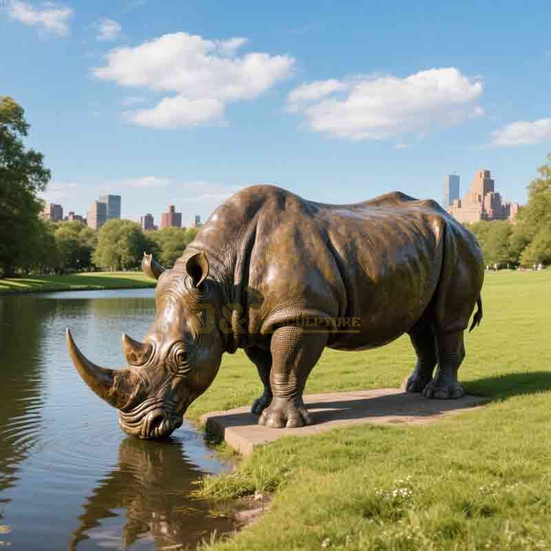Life Size Drinking Water Bronze Rhino Statue For Sale DZ-865