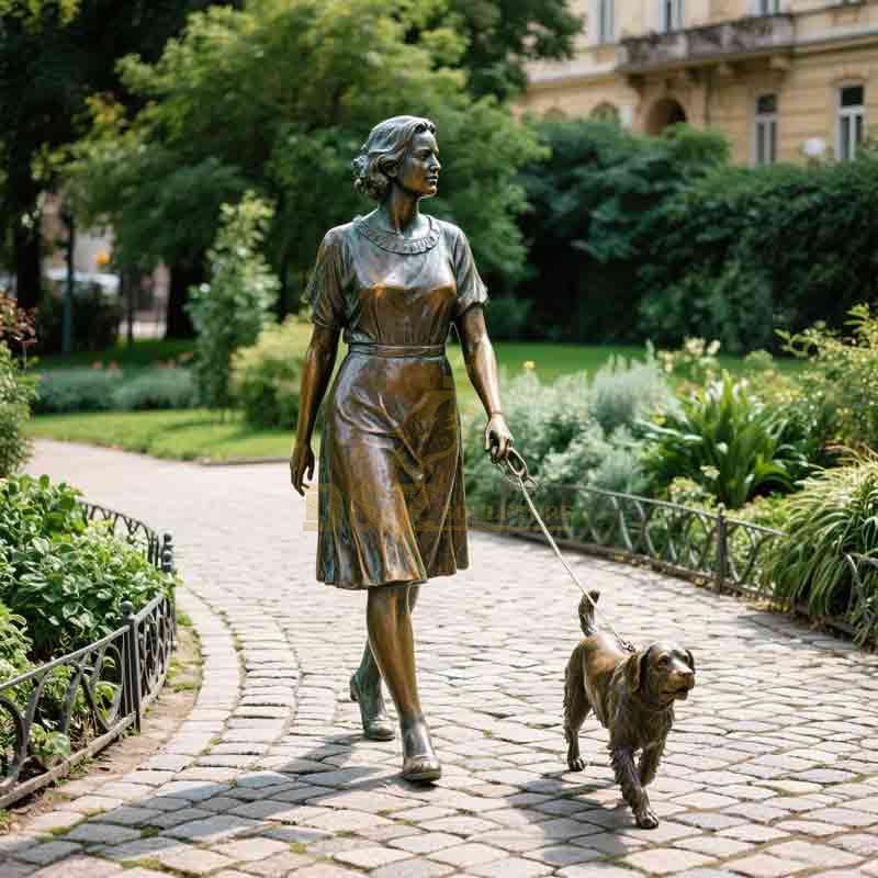Bronze Statue of Woman Walking Dog | Garden Decor DZ-872