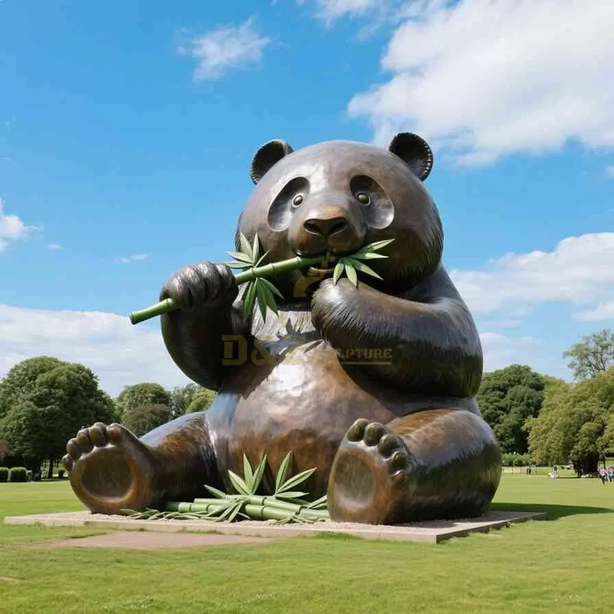 Large Bronze Garden Panda Statue | Eating Bamboo D-15