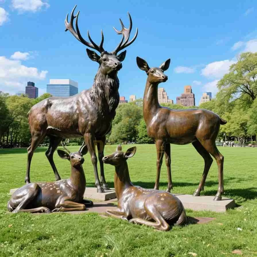 Large Outdoor Bronze Garden Deer Statue With Child D-16
