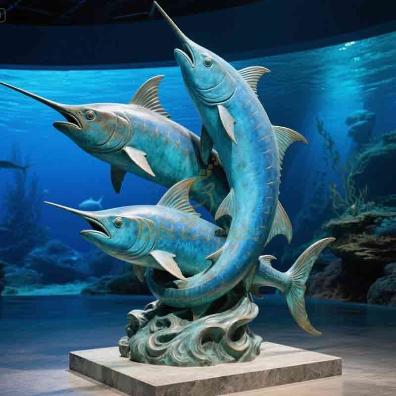bronze blue marlin statue jumping