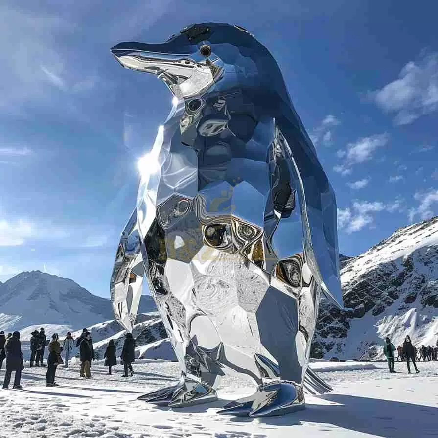 Large Glossy Metal Penguin Sculpture | Geometric Art Decor D-22