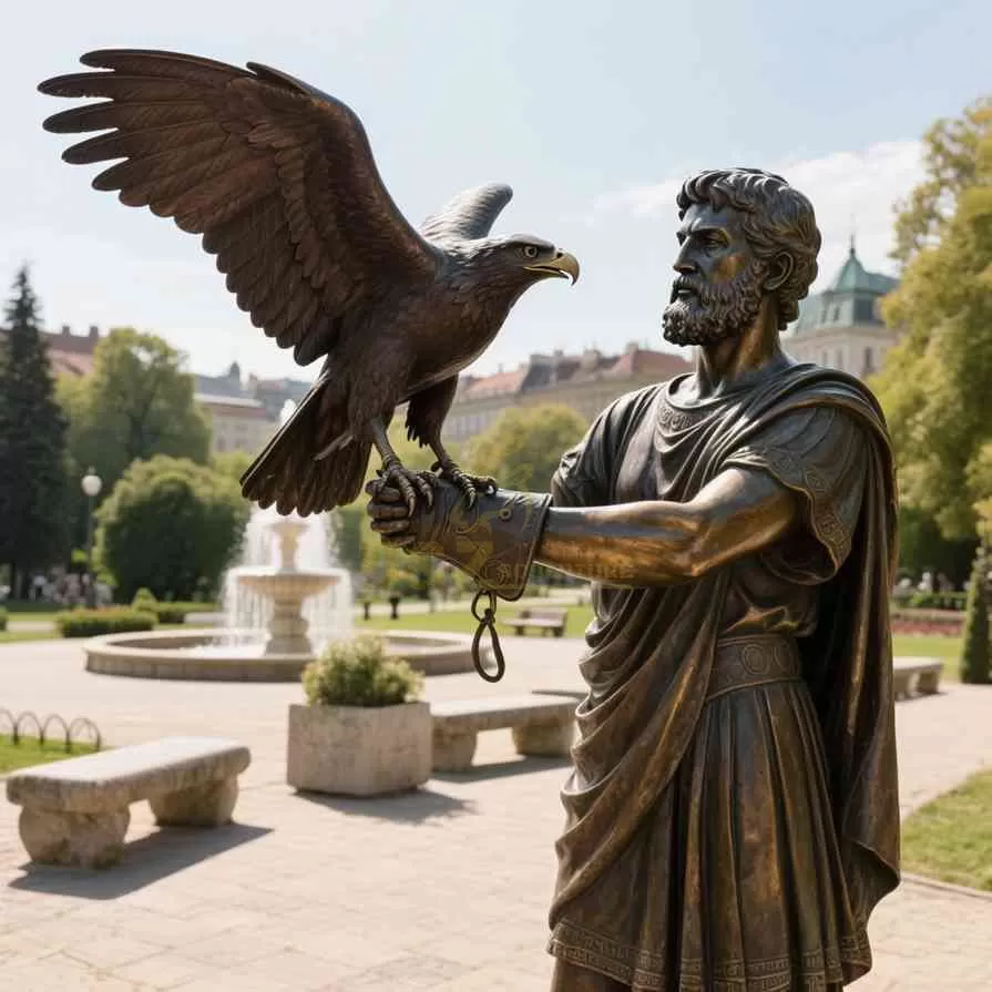 Life-Size Outdoor Bronze Eagle Statue With Falconer D-35