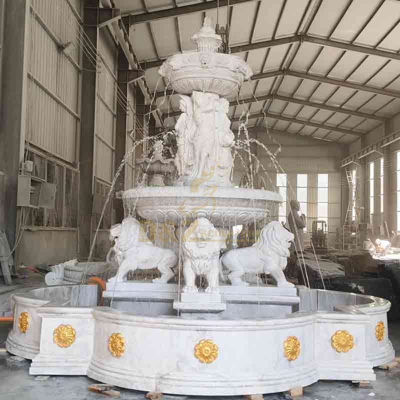 White Marble Lion and Figure Statue Tiered Fountain DZ-897