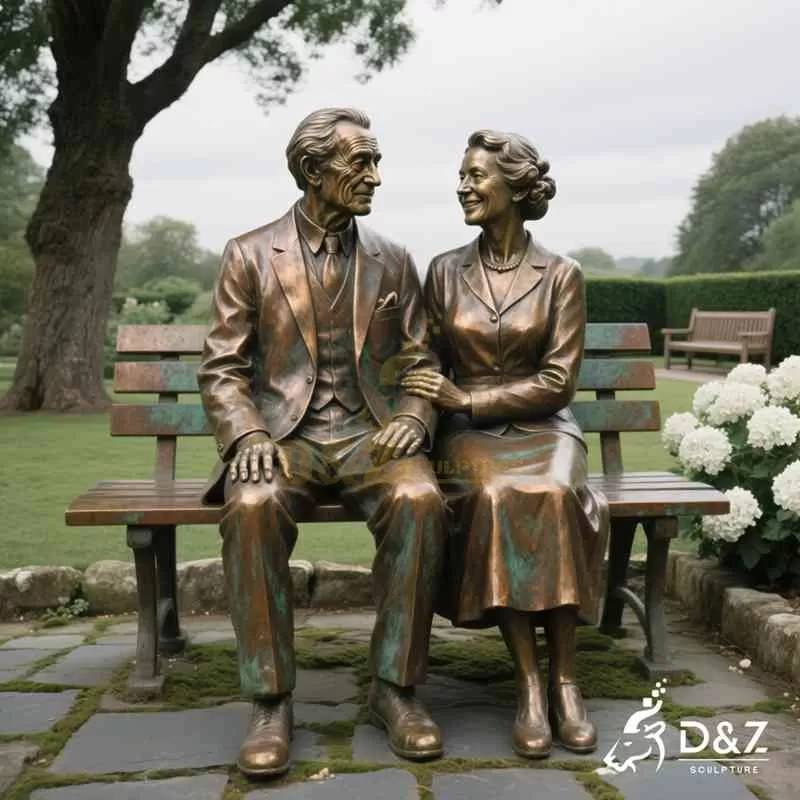 Bronze Old Couple Sitting on Bench Statue丨Garden Decor DZJ-83