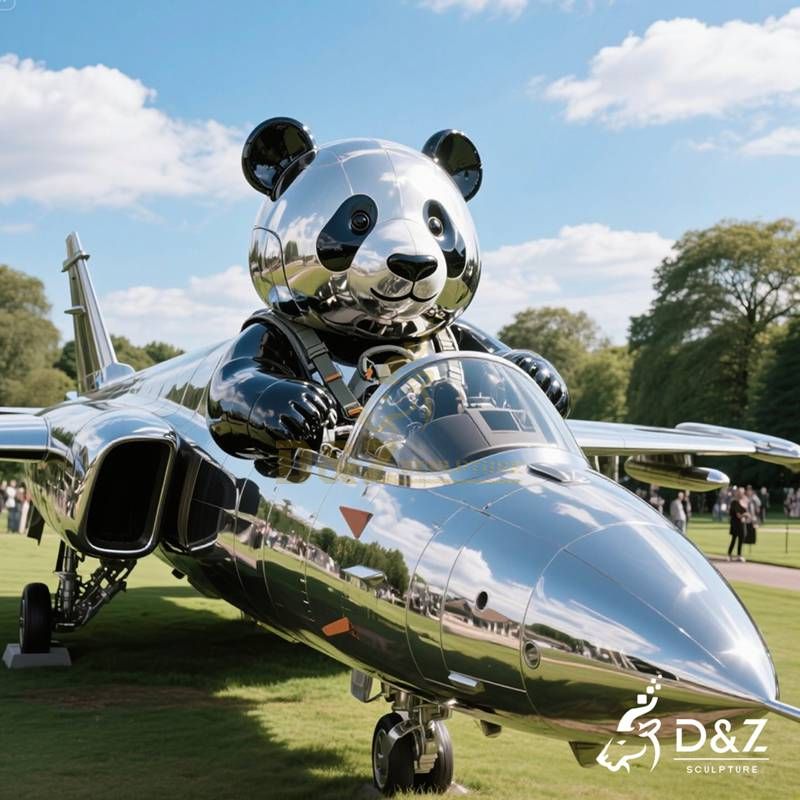 Metal Panda Sculpture | Panda on Plane Art Decor DZJ-134