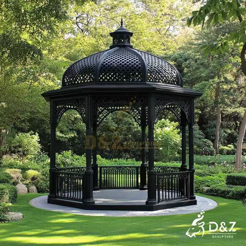 Large Black Metal Garden Gazebo with Railing for Sale DZJ-143
