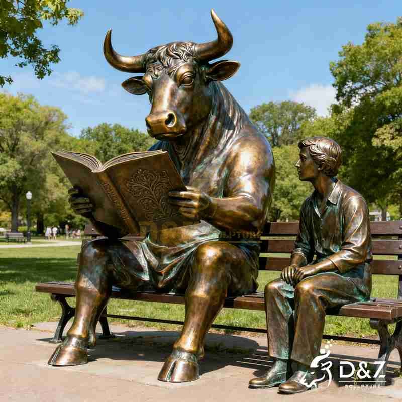 Bronze Sitting Bull Statue Reading with Human for Sale DZJ-195