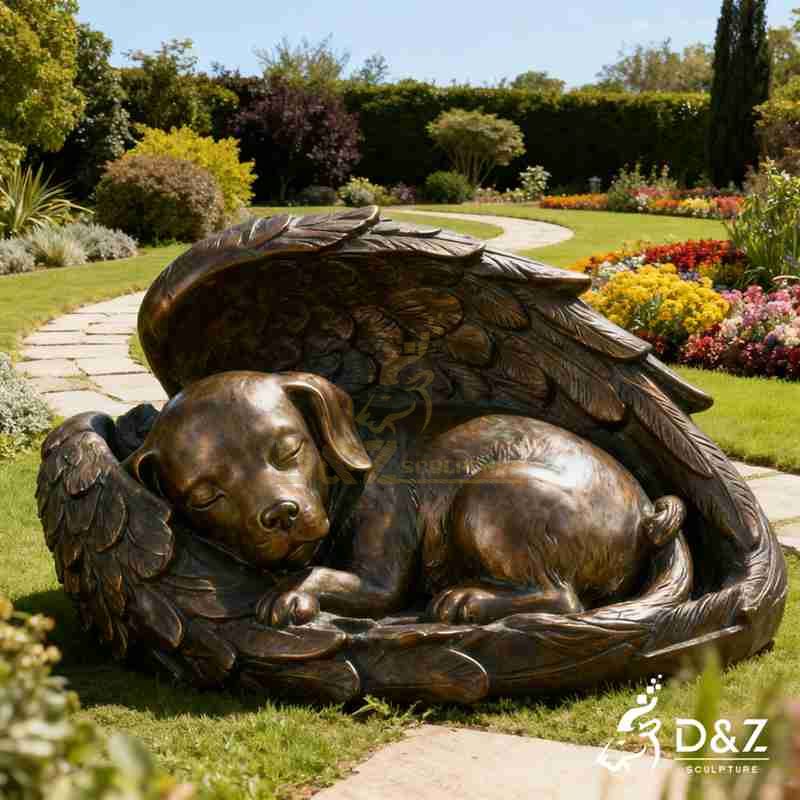 Large Bronze Sleeping Dog Angel Garden Statue DZJ-206