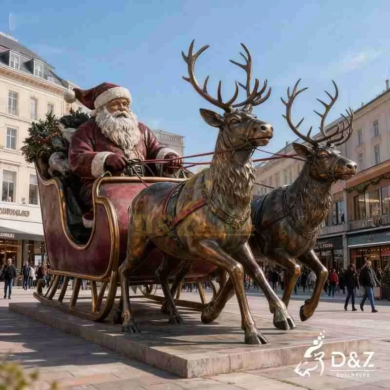 Outdoor Bronze Christmas Santa with Reindeer Statue DZJ-252