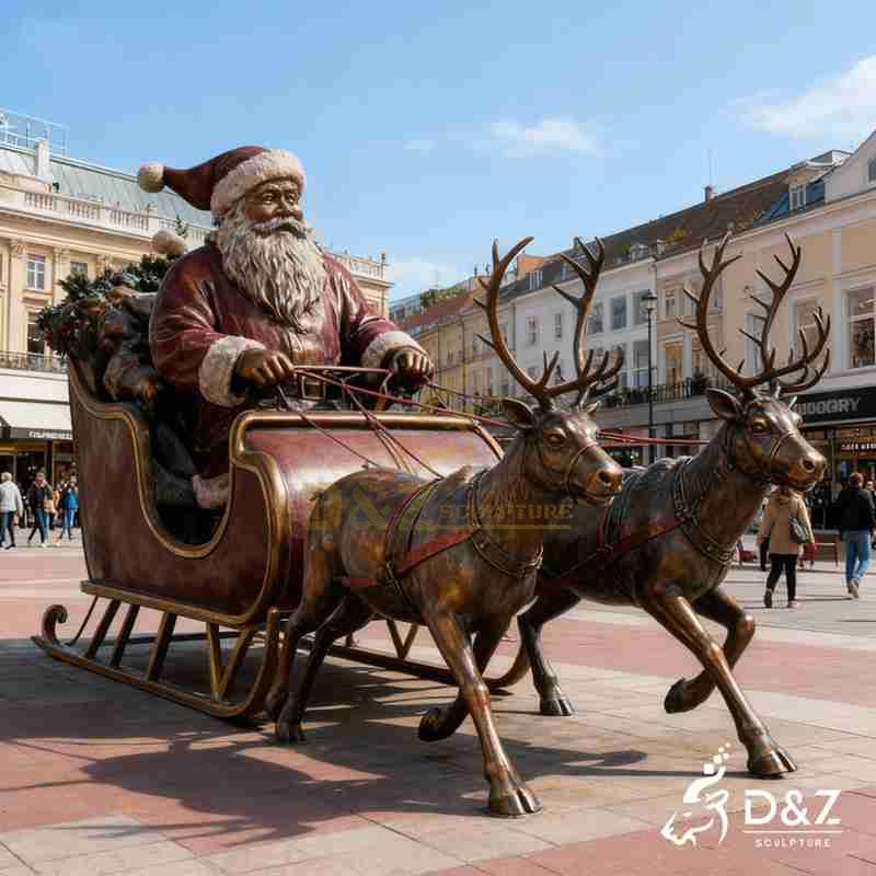 santa with reindeer holiday statue