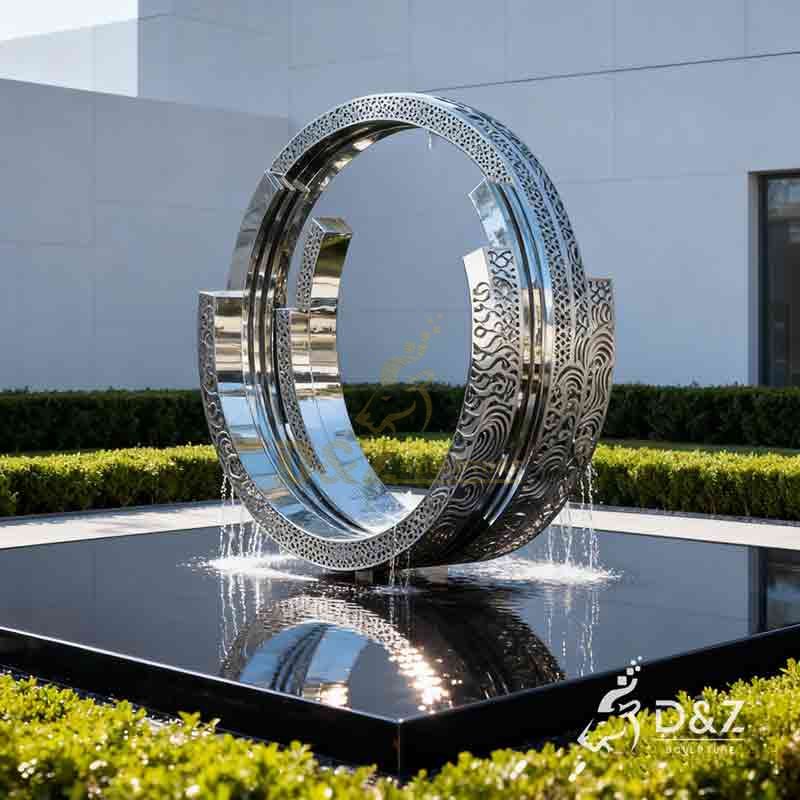 Modern Stainless Steel Nested Ring Fountain Sculpture | Outdoor water feature DZ-921