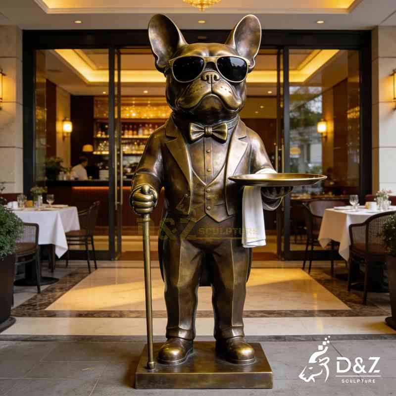 bulldog butler statue with tray