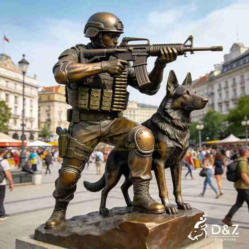 Large Outdoor Bronze Soldier and Dog Statue for Sale DZJ-305