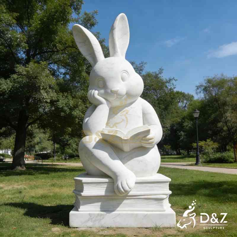 Large Outdoor White Marble Reading Rabbit Statue DZJ-313